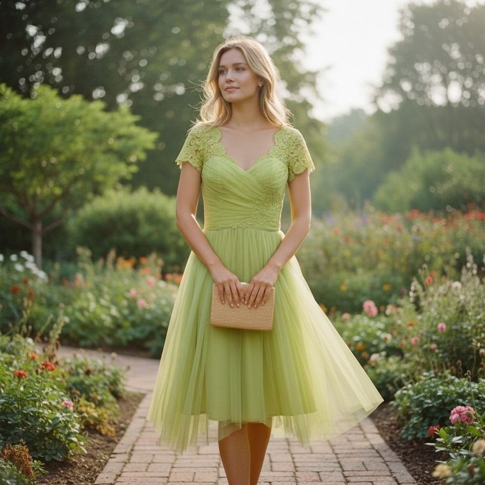 Alyce Jean De Lys Formal Gown Women 14 Chartreuse Green Lace Tulle Evening Dress